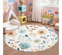 Bleu Branches et Feuilles Fleurs Tiges Tapis Rond 100 cm, Champêtre Botanique et Floral Lavable en Machine Antidérapant Tapis Doux Poil Ras Chambre Salle a Manger Bureau Descente de Lit Chambre