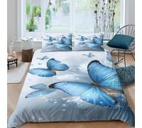 Bleu Butterflies Housse de Couette résistante 3 pièces 3D Imprimée Entretien Facile Fantaisie Nature Art Linge de Lit avec Taie d'oreiller Hypoallergique for Hommes Enfants Single（135x200cm）