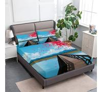 Bleu Ciel Drap Housse 160 x 200 cm, Drap Housse avec Une Rebord Élastique Anime Pont en Bois Ciel Bleu Fleurs Lavable Ajustable Doux Respirant Antidérapants avec taies d'oreiller