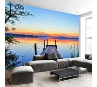 Bleu Ciel Papier Peint Intissé Coucher Soleil Sur Un Lac Paisible Panoramique Fresque Murale, Pour Salon & Chambre Fond Tv Décoration - (Facile À Poser) Paysages D'Horizon 308 X 220 Cm