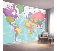 Bleu clair Papier Peint Panoramique Autocollante, Géographie Carte du monde Continents Photo Poster Mural pour Salon Chambre 300 x 210 cm Papier Peint Intissé Maison Décoration Intérieure