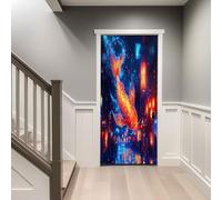 Bleu Clair Sticker Porte effet 3D, Lanterne Poisson Animal Fantastique Auto Adhésif Amovible Imperméable PVC Autocollants De Porte Muraux - Décoration pour Salon Chambre Salle de Bain, 90 x 200 cm