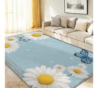 Bleu Clair Tapis de Salon 160 x 230 cm, Style Rétro Floral Marguerite Papillon Tapis à Poils Courts - Antidérapant et Doux Idéal pour Chambre ou Bureau Maison Confortable Espace Pour Les Aînés