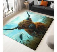 Bleu Clair Tapis Imprimé Lavable 60 x 90 cm, Animaux Des Champs Bovins Des Highlands Tapis avec Dos en Caoutchouc Antidérapant - Moquette doux à poils courts pour Décor de Chambre à Coucher de Salon