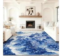Bleu Clair Vintage Chinois Style Tapis, Lavable Antidérapant, Neige Montagne Lac Brume Architecture, Doux, 120 x 170 cm Poils Courts pour Salle à Manger Bureau Lavable en Machine
