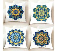 Bleu Coussin Canape Lot de 4, Imperméable Housse Coussin Mandala Taie Oreiller 55x55, Carré Lin taie d'oreiller avec Fermeture Eclair Caché pour Decoration Jardin Exterieur, Cadeau Femme -bby2501140