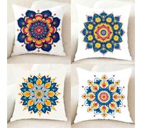 Bleu Coussin Canape Lot de 4, Imperméable Housse Coussin Mandala Taie Oreiller 70x70CM, Carré Lin taie d'oreiller avec Fermeture Eclair Caché pour Decoration Jardin Exterieur, Cadeau Femme -bby25011A5