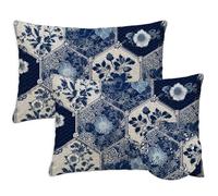 Bleu Coussin Exterieur Impermeable 40x65 cm Géométrie Housse Coussin Rectangulaire Lot de 2 Impermeable Lin Taie D'oreiller avec Fermeture Éclair Cachée pour Été Fall Salon de Jardin Decoration S-1004