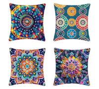 Bleu Coussin Exterieur Lot de 4, Imperméable Housse Coussin Mandala Taie Oreiller 70 X 70 cm, Carré Lin Taie d'Oreiller avec Fermeture Eclair Caché pour Decoration Jardin Exterieur, Cadeau -2503j84