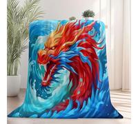 Bleu Couverture en Flanelle Polaire Moelleuse Douce Et Chaude Dessin Animé Traditionnel Illustration De Dragon Imprimé Couverture De Canapé pour Adolescents Adultes, 220 x 240 cm