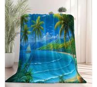 Bleu Couverture en Flanelle Polaire Moelleuse Douce Et Chaude Nature Palmiers Paysage Insulaire Imprimé Couverture De Canapé pour Adolescents Adultes, 220 x 240 cm
