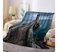 Bleu Couverture Polaire mer et Phare 100 x 130 cm Plaid Flanelle Imprimé 3D, Doux et Chaud pour Lit, Canapé, Salon, Enfant et Adulte