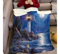 Bleu Couverture Polaire Mer et Phare Douce Duveteux Flanelle imprimée Confortable Plaid Polaire 200 x 220 cm pour Canapé, Lit, Enfants, Adolescents et Adultes