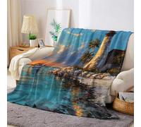 Bleu Couverture Polaire Phare de la Plage 70 x 100 cm Plaid Flanelle Imprimé 3D, Doux et Chaud pour Lit, Canapé, Salon, Enfant et Adulte