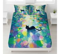 Bleu Doux Respirant Drap Housse Chat Noir Étang de Lotus Nénuphars Reflets Imprimé Drap Housse Rêve Lavable Fantaisiste Esthétique Ajustable Drap de lit 140 x 200 x 30 pour Enfants Femmes