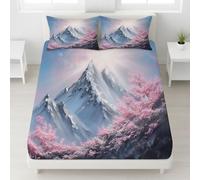 Bleu Doux Respirant Drap Housse Fleurs de Cerisier Soleil Pics Enneigés Imprimé Drap Housse Paysage Romantique Rêve Lavable Naturel paisible Ajustable Drap de lit 140 x 190 x 30 pour Femme