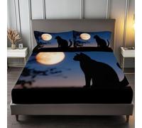 Bleu Drap Housse 180 x 200 cm Ambiance Mystérieuse Chat De Pleine Lune, Doux Résistant Anti-Plis Élastique Tout Autour - Antidérapants Résistant aux Rides Drap Housse en Microfibre