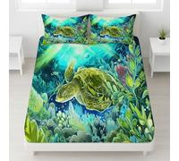 Bleu Drap Housse Tortues de Mer Plantes sous-Marines Élastique Intégral Drap-Housse Anime Drap de lit Océan Naturel Rêve Lavable en Machine pour Garçons & Filles, 90 x 190 x 30