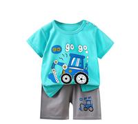 Bleu Ensemble Bebe Fille Garçon Ete - Jolie Hauts Tshirt avec Boutonnée à Epaule Imprimé Animaux Manches Courte + Short Taille élastique - Tenue Vêtement Coton de 6 Mois à 6 Ans