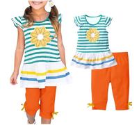 Bleu Ensemble d'été Bébé Filles Enfant Tee Shirt Short 2 Pièce, Hauts Tops Peplum à Manche Volants Imprimé Rayures + Capri Short Taille élastique, Vêtement Tenue 2 3 4 5 6 7 8 9 10 Ans