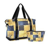 Bleu et Or Motif à Carreaux Sac de Voyage Nuit Transporteur Fourre-Tout et Bagages avec Sangle Réglable pour Sport Multifonction, Bleu et Or Carreaux Motifs, 1 Taille, Motif à carreaux bleu et or, 1