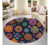 Bleu Foncé 100 cm Rond Grand Tapis Rond de Salle à Manger Style Mandala Fleurs Géométriques, Lavable et Léger - Tapis Imprimé Antidérapant à Poils Courts pour Cuisine Amoureux du Style Exotique