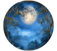 Bleu Foncé Fantaisie Tapis de Salon Rond 180 cm, Lavable Poil Courts Lune Arbres Brume Imprimé Antidérapant Tapis Rond - pour Salle à Manger Chambre d’Enfant Nurserie