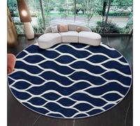 Bleu Foncé Minimalisme Tapis Rond Salon, Rayures Lignes Ondulées Imprimer Tapis de Sol Décoration Antidérapant pour Chambre Cuisine Balcon Terrasse Salle à Manger Intérieur - 160 cm