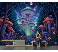 Bleu Foncé Papier Peint Intissé Paysage Forêt Champignons Psychédéliques Panoramique Fresque Murale, Pour Salon & Chambre Fond Tv Décoration - (Facile À Poser) Style Fantastique 450 X 315 Cm