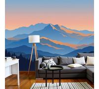 Bleu Foncé Papier Peint Intissé Paysage Montagne Au Coucher Du Soleil Rêve Panoramique Fresque Murale, Pour Salon & Chambre Fond Tv Décoration - (Facile À Poser) Art Décoratif Moderne 350 X 256 Cm