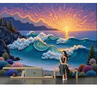 Bleu Foncé Papier Peint Intissé Vagues Fantastiques Panoramique Fresque Murale, Pour Salon & Chambre Fond Tv Décoration - (Facile À Poser) Coucher Soleil Sur La Plage 396 X 280 Cm