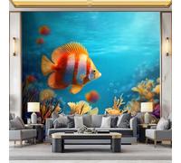 Bleu Foncé Papier Peint Panoramique Intissé, Minimalisme Océan Animal Poisson Tropical Décoration Murale Moderne 250 x 175 cm (L x H) - Pour Salon Chambre D'Enfants et Restaurant