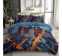 Bleu Foncé Parure de lit imprimé 3D 240x260 cm Scène Nocturne De La Ville De Los Angeles Housse de Couette Garçon Fille Housse de Couette avec 2 Taie d'oreiller, Ensemble Literie Enfants Adolescents