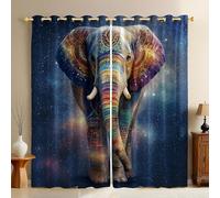 Bleu Foncé Rideaux Occultants Opaques Éléphant Animal du Ciel étoilé Lot de 2 Thermiques et Phoniques avec Œillets pour Chambre Enfant, Salon ou Véranda 70L X 160H cm