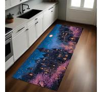 Bleu Foncé Tapis de Cuisine 60 x 180 cm Construire la Ville des cerisiers en Fleurs Antidérapant Lavable Absorbant Devant Évier Tapis Long pour Couloir, Entrée, Salle de Bain