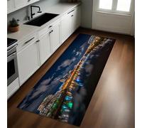 Bleu Foncé Tapis de Cuisine Vue Nocturne de la rivière en Ville 50 x 150 cm Devant Évier Tapis de Couloir Lavable Antidérapant Long Moderne Salon Chambre