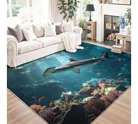 Bleu Foncé Tapis de Salon Moderne, Lavable et Antidérapant Tapis à Poils Courts avec Animaux Grands Fonds Marins Requin Marteau Motif pour Cuisine Bureau Chambre - 160 x 230 cm Decoration Moquette