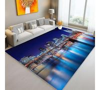 Bleu foncé Tapis de Sol Décoration Moderne, Lavable Tapis Imprimé à Poils Courts Scène De Nuit Architecturale du Pont De New York, Doux Moquette pour Chambre Antidérapant, 140 x 200 cm