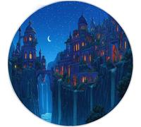 Bleu Foncé Tapis Fantaisie Rond Antidérapant, Architecture Gothique Cascade Cascade Motif Doux Tapis Poils Courts pour Salon Couloir Chambre Cuisine Descente de Lit - 120 cm