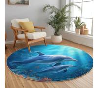 Bleu Foncé Tapis Rond pour Enfant Animaux Marins Dauphins Petits Poissons, Dessin Animé Tapis Doux Antidérapant pour Garçons Filles, pour la Chambre Salle de Jeux Grand Petit Salon - 120 cm