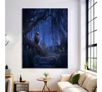 Bleu foncé Toile Tableau Peinture à Forêt Lucioles Hiboux Murale Art Mystère Animaux, Affiches Moderne Chambre Salon Decoration à La Maison Tableaux, 40x50cm Sans Cadre