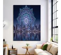 Bleu foncé Toile Tableau Peinture à Mandala Londres Ciel Nocturne Murale Art Ville Fantastique, Affiches Moderne Chambre Salon Decoration à La Maison Tableaux, 70x100cm Sans Cadre