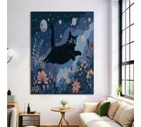 Bleu foncé Toile Tableau Peinture à Vol Chat Murale Art Planète Fleurs, Affiches Moderne Chambre Salon Decoration à La Maison Tableaux, 50x70cm Sans Cadre