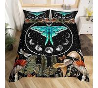 Bleu Goth Moth Housse de Couette 200x200,Bohème Trippy Champignons Literie Phase de Lune Couvre Lit,Libellule Papillon Ensemble de Literie,Psychédélique Galactique Flash Star Housse de Couette