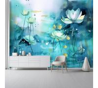 Bleu-Gris Papier Peint Panoramique - Abstrait Géométrique Romantique Floral Décoration Murale Tapisserie Murales Papier Peint Intissé Pour Chambre Salon - Poster Tableaux Photo Muraux, 400 X 280 Cm
