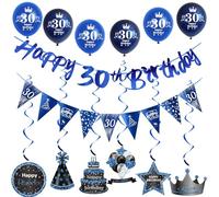 Bleu guirlande 30 ans anniversaire bannière + triangle drapeaux + anniversaire Déco suspendus + 6 pcs 30 ans anniversaire ballons 30 ans anniversaire homme Décoration anniversaire 30 ans homme