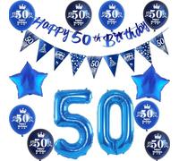 bleu guirlande 50 ans anniversaire bannière + triangles drapeaux + ballons nombre 50 +8 pcs ballons 50 ans anniversaire homme décoration 50 ans homme anniversaire 50 ans homme déco