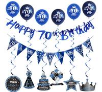 Bleu guirlande 70 ans anniversaire bannière + triangle drapeaux + anniversaire Déco suspendus + 6 pcs 70 ans anniversaire ballons 70 ans anniversaire homme Décoration anniversaire 70 ans homme