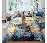 Bleu Guitar Art Parure de Lit Microfibre résistante 3 pièces 3D Effet Confortable Abstrait Musical Theme Ensemble De Literie avec Fermeture Éclair Douce for Enfants Garçons Ado Super King（260x220cm）