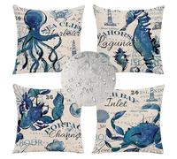 Bleu Housse Coussin 60x60cm Lot de 4 Housses de Coussin La Vie Marine Double Face Lin Coussin Exterieur Impermeable Coussin Canape Decoratif Taie d'oreiller pour Chambre Chaise Jardin Coussins PJ-836